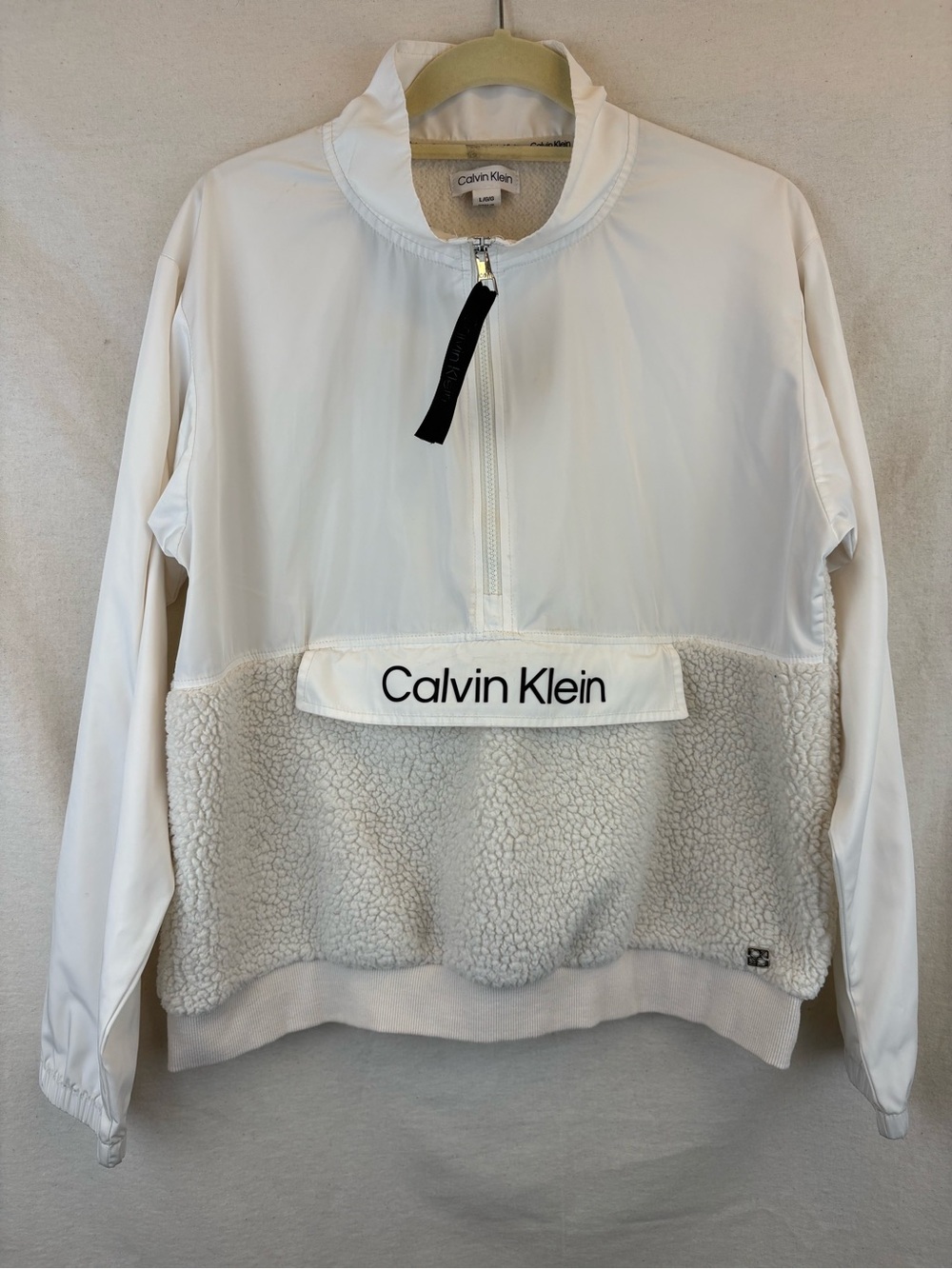 Calvin Klein White Sherpa Half-Zip Pullover Windbreaker Pocket